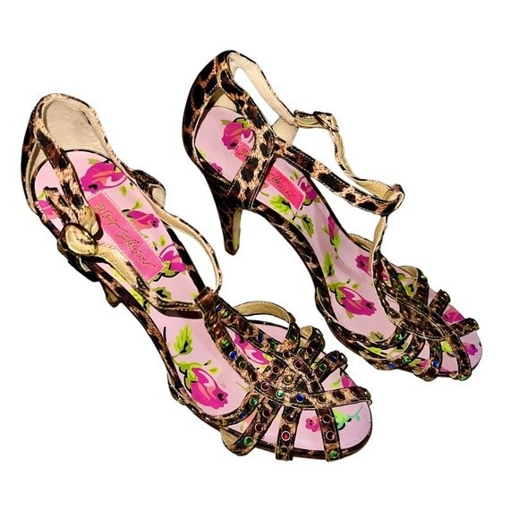 Betsey Johnson Vero Cuoio Strappy Leopard Print Rhinestone Heel Sandals Size 7 - Picture 2 of 9
